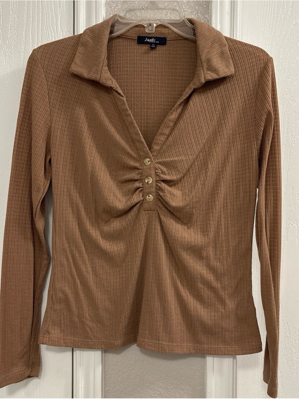 Angels Ribbed Collared Long-Sleeve Top in Camel Brown